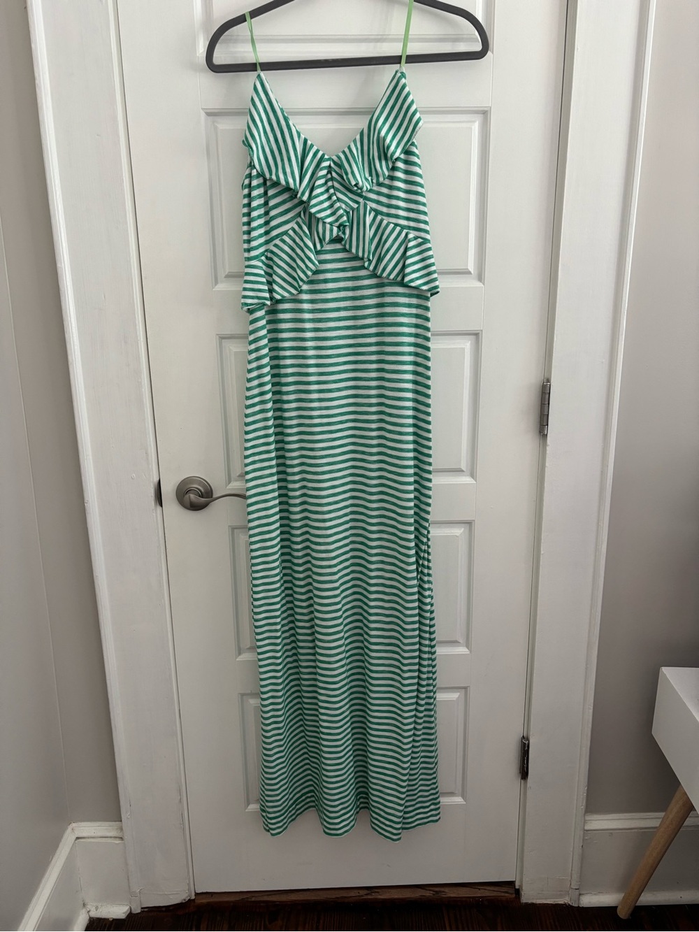 Max Studio Green and White Striped Ruffle Maxi Dress